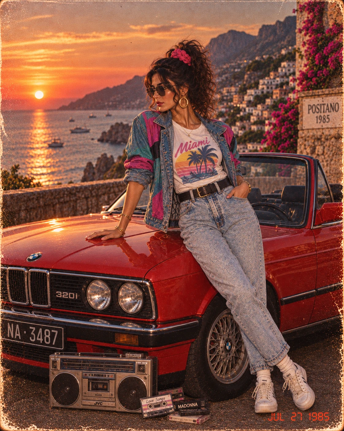 After: the same woman as a 1980s photo by a red vintage car with a boombox