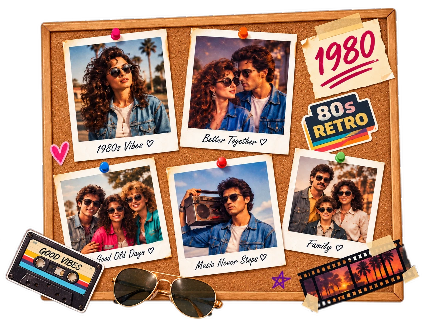 Cork board with 1980s style photos, cassettes, sunglasses and retro stickers