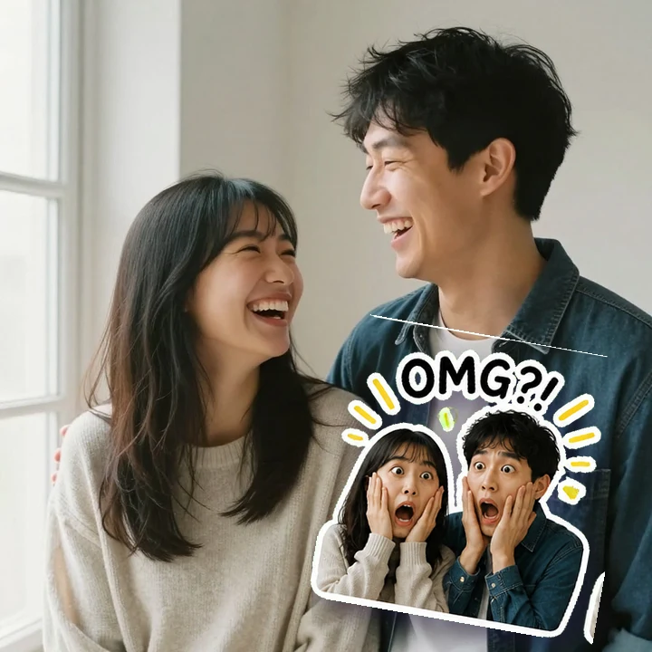 A laughing couple photo with a couple sticker peeled on top
