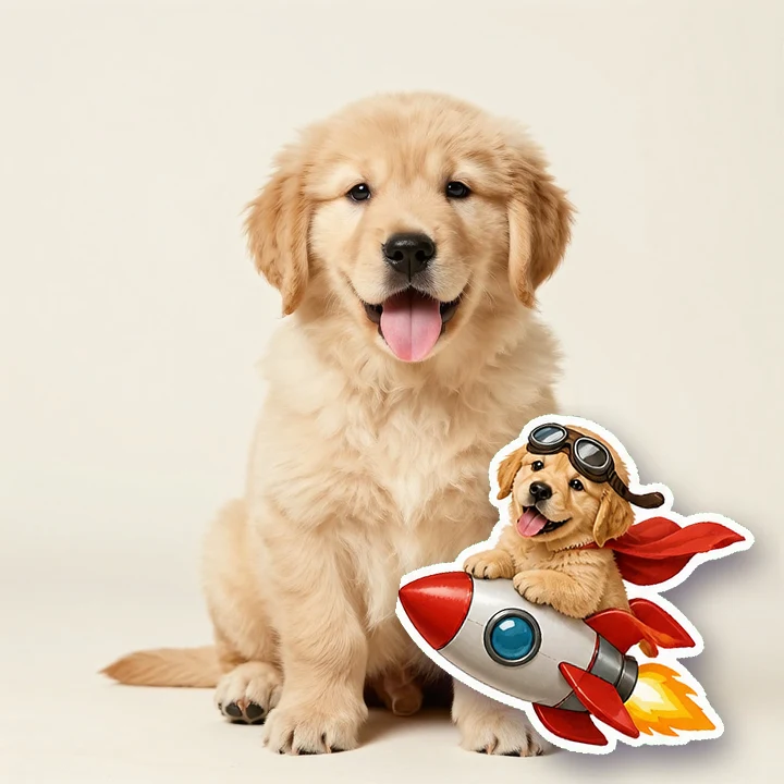 A golden retriever puppy photo with a puppy sticker peeled on top