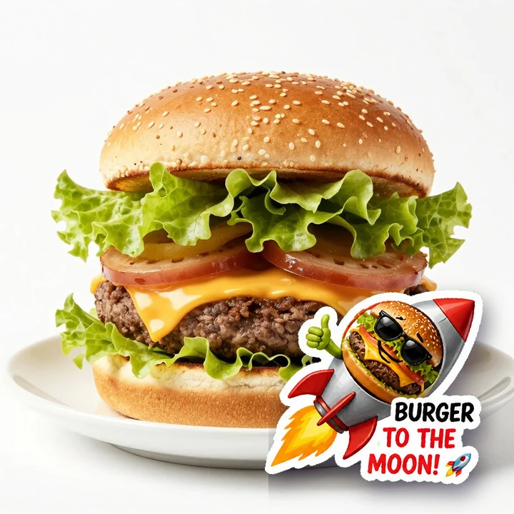 A burger product photo with a cartoon burger sticker peeled on top