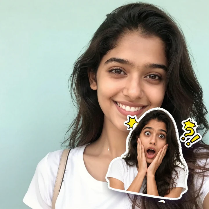 A smiling selfie with one of its reaction stickers peeled on top