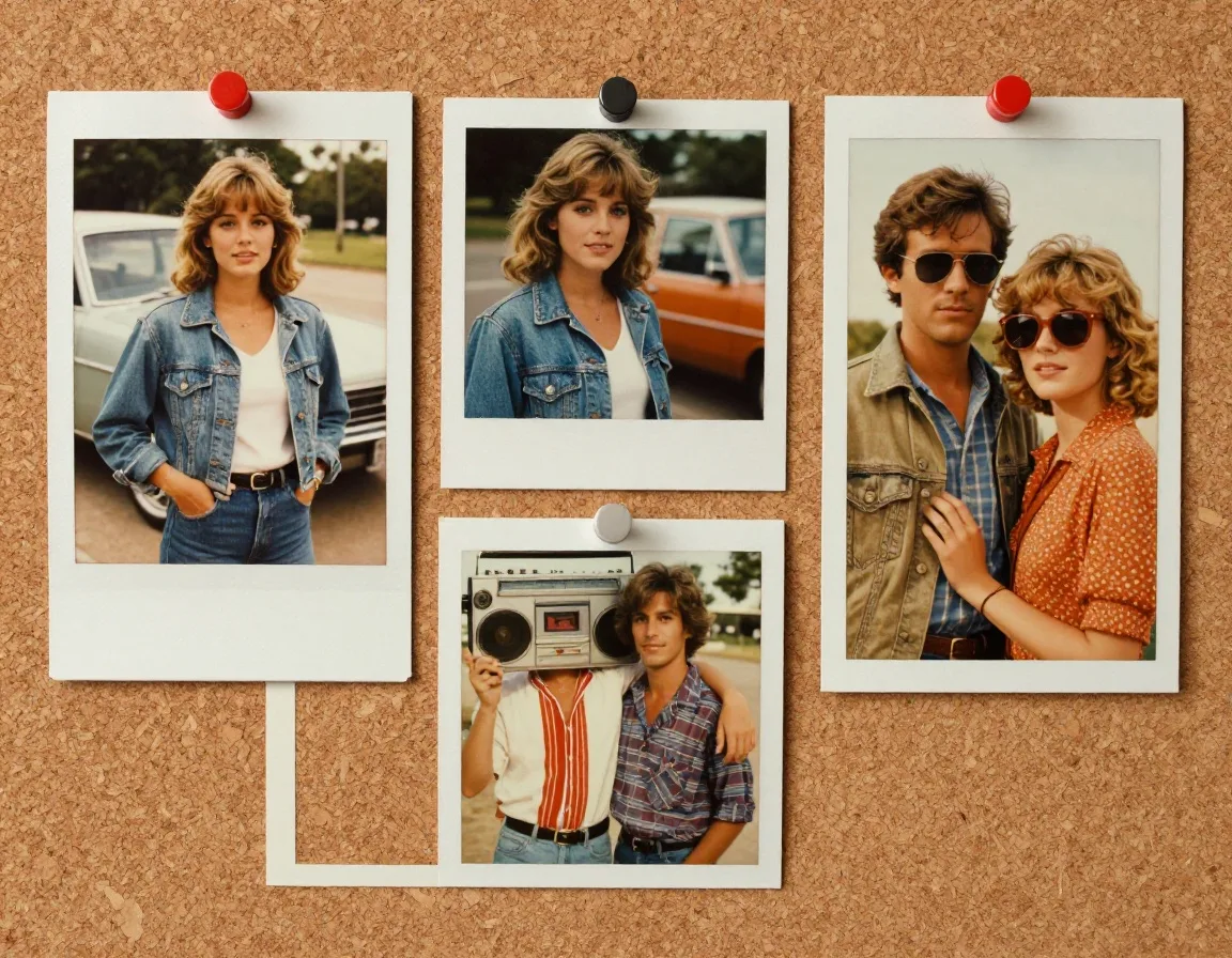 Three 1980s style snapshots pinned on a cork board