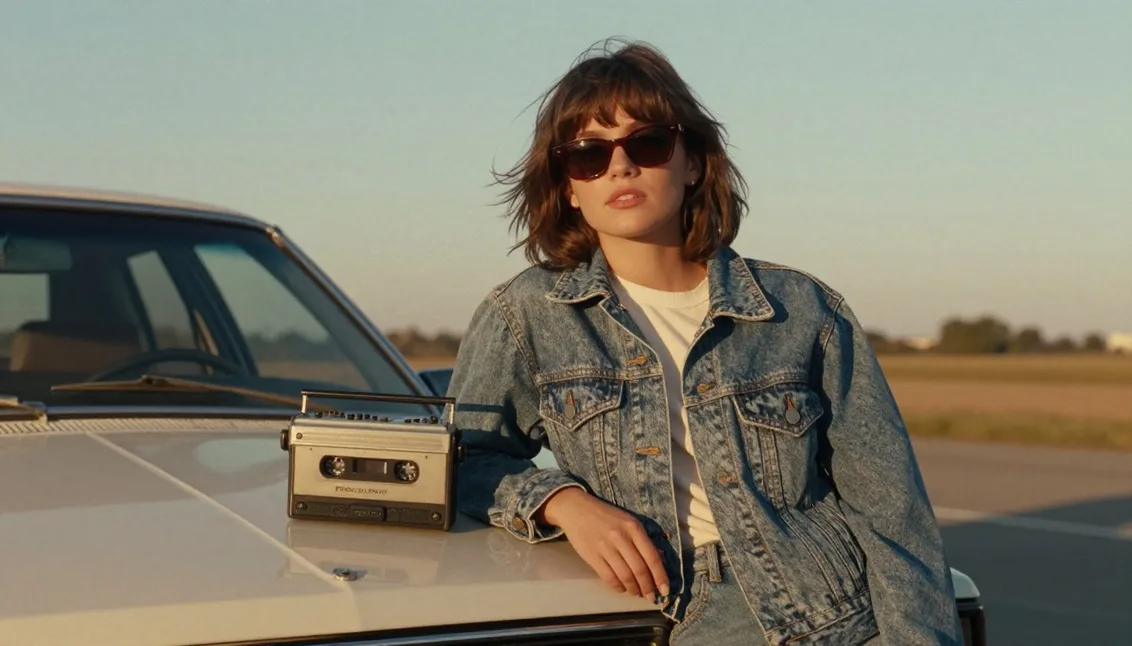 Young woman in an acid-wash denim jacket leaning on a vintage 80s car at sunset