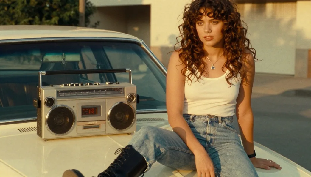 A couple in 80s fashion on the hood of a classic car with a boombox