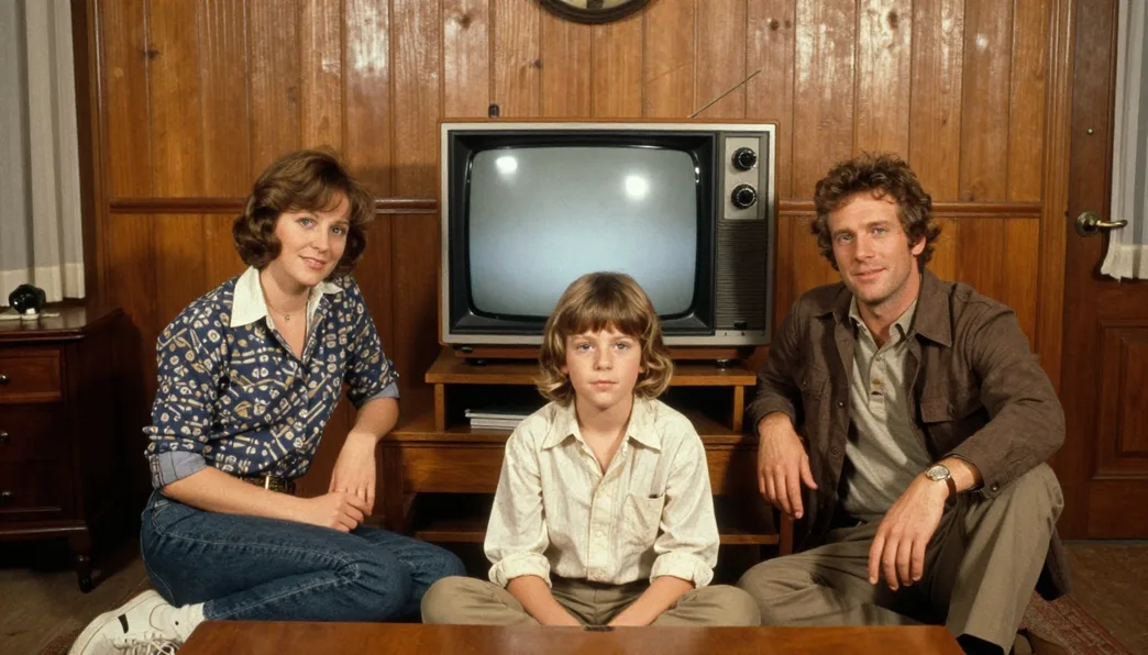 A family in 1980s clothing in a wood-panelled living room