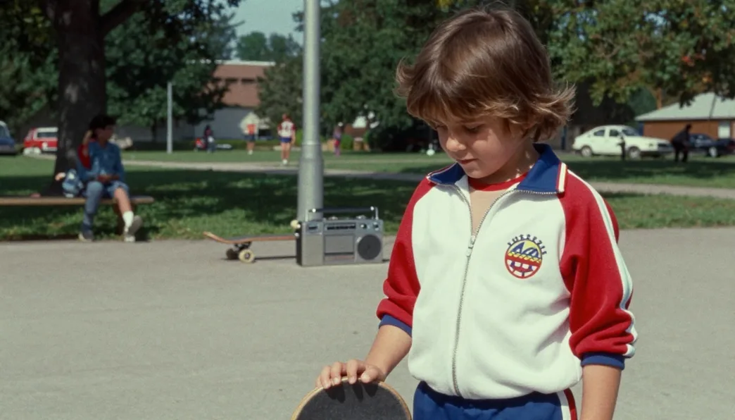 A kid in an 80s tracksuit with a skateboard and a walkman