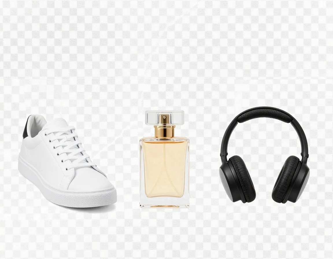 A shoe, perfume bottle and headphones isolated on a checkerboard background.