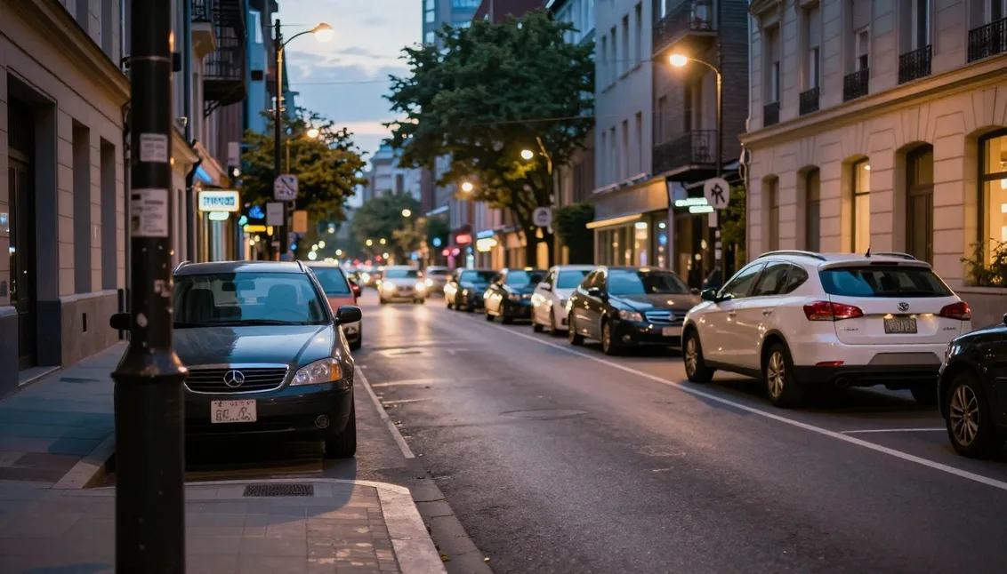 Clear building details and parked cars on a city street.