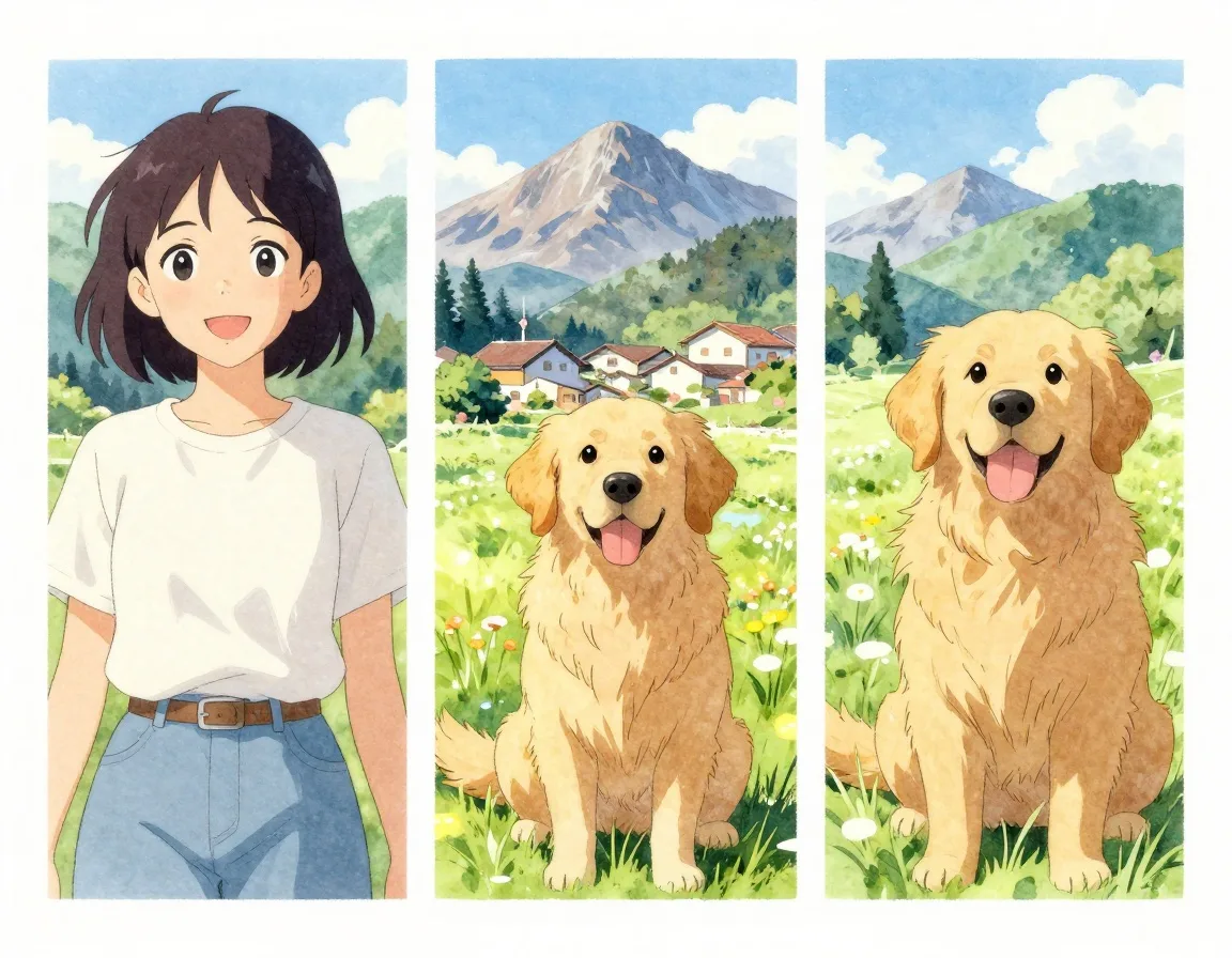 Three photos turned into Ghibli-style anime illustrations: a portrait, a dog and a village