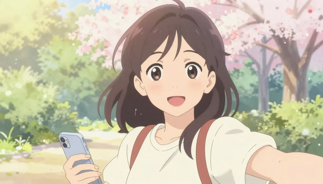 A selfie in a park reimagined as a soft, hand-painted anime illustration