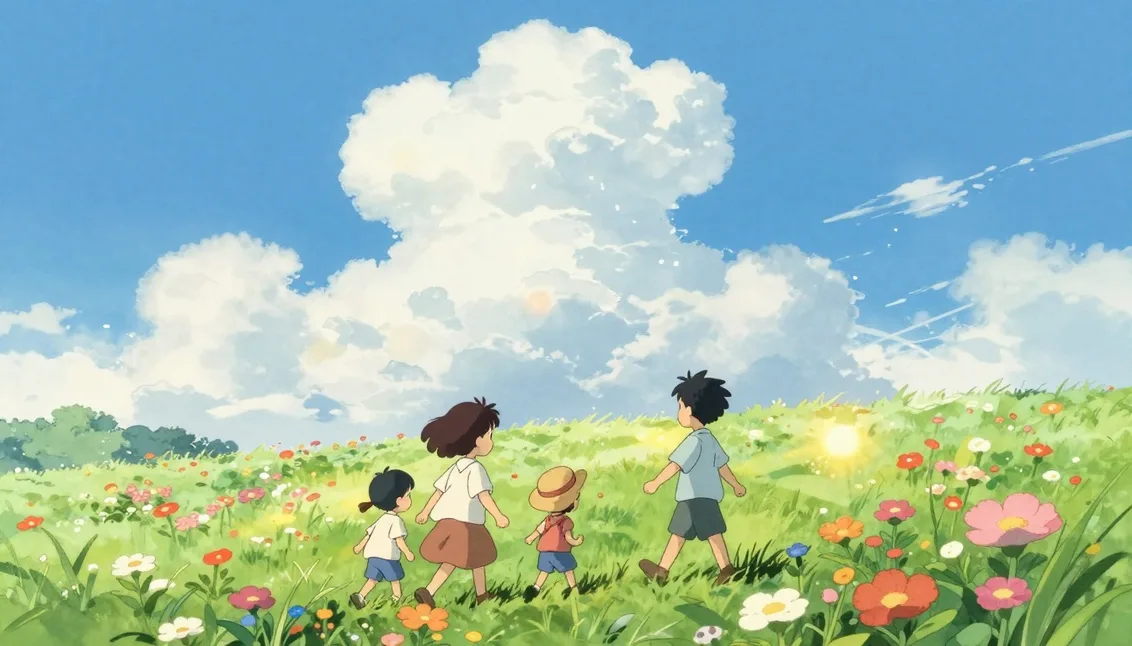 A family walking through a flower field drawn in a storybook anime style