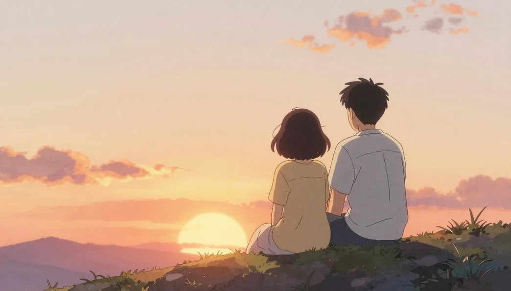 A couple watching the sunset as a romantic anime illustration