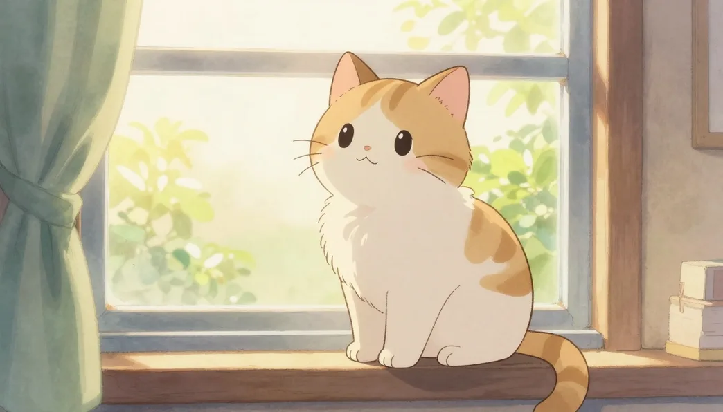 A cat by a window drawn in anime style