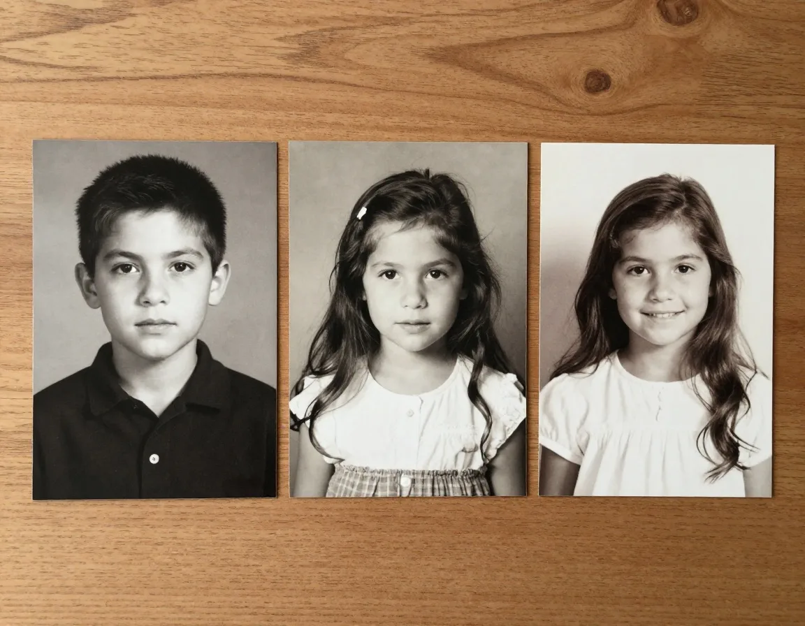 Vintage family photos on a table, one black and white and two restored in color