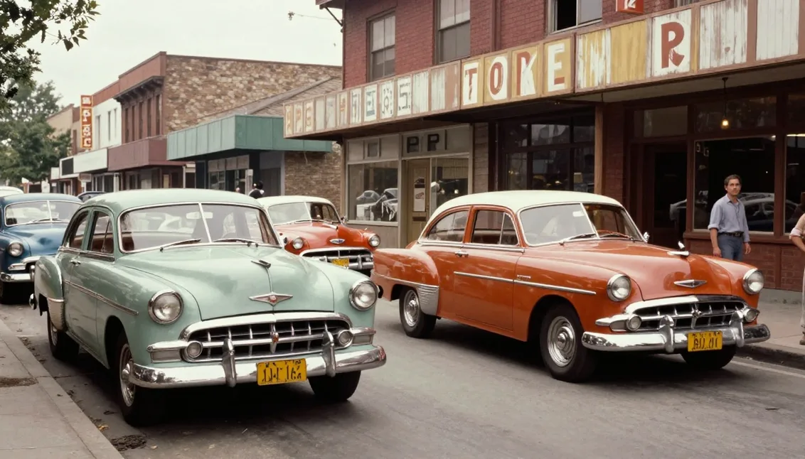 A 1950s city street colorized from an old photograph