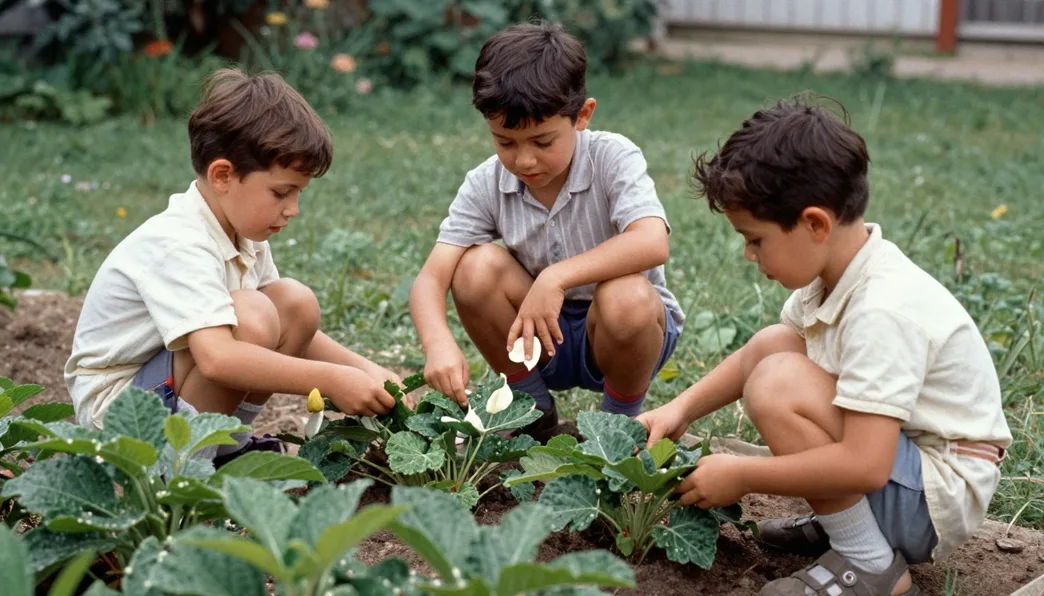 Old childhood photo of children playing, colorized