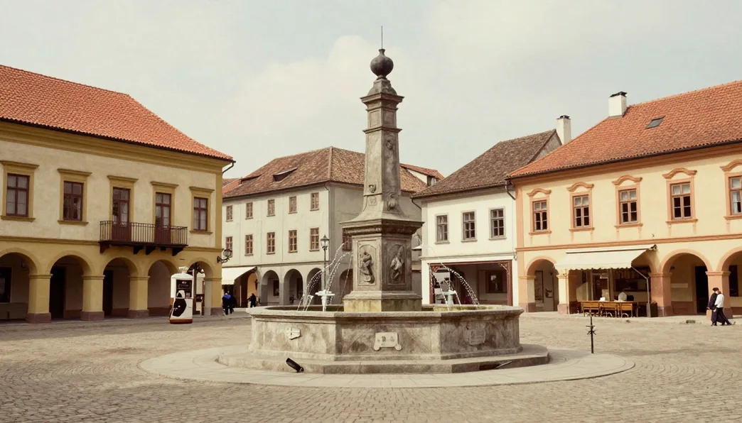 Historic town square photograph in realistic color