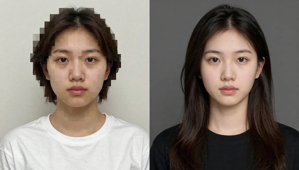 Split view of a portrait, pixelated on the left and crisp on the right