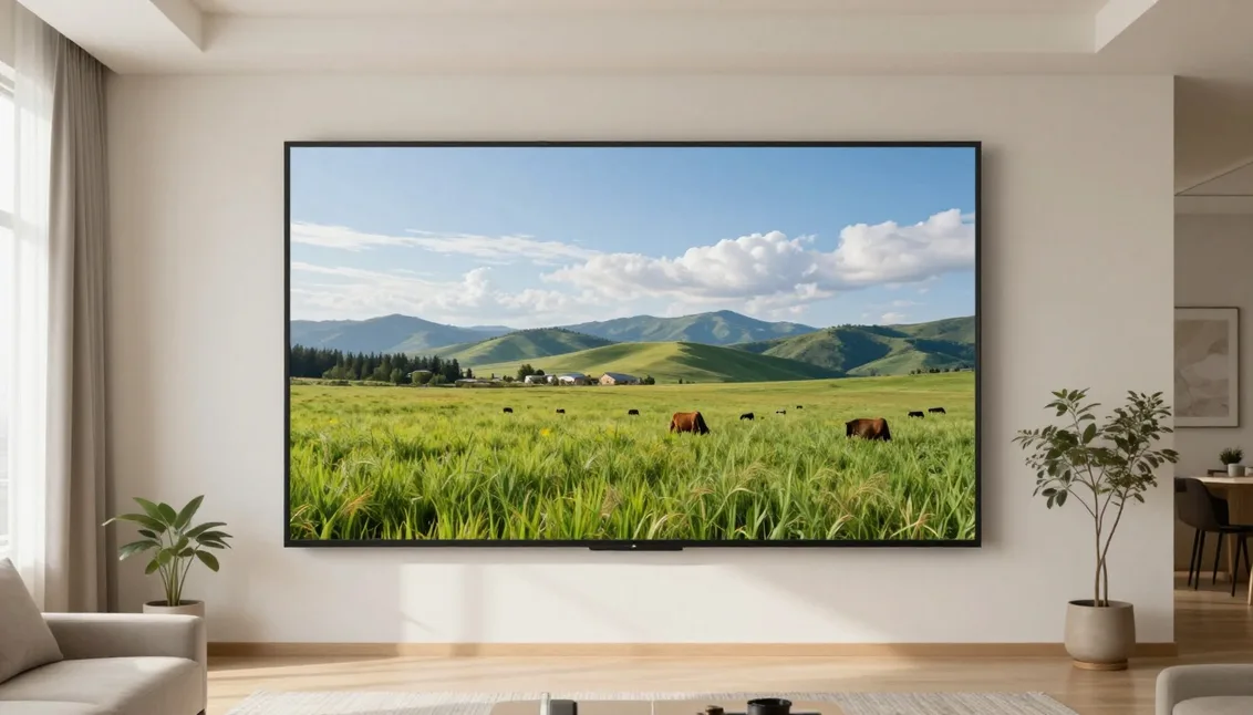 A large mountain landscape print displayed on a living-room wall.