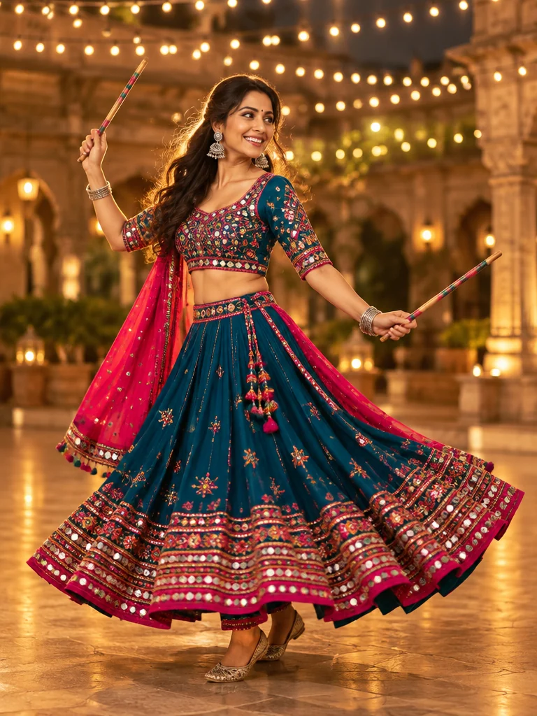 A woman twirling a teal and fuchsia ghagra with dandiya sticks under festive lights