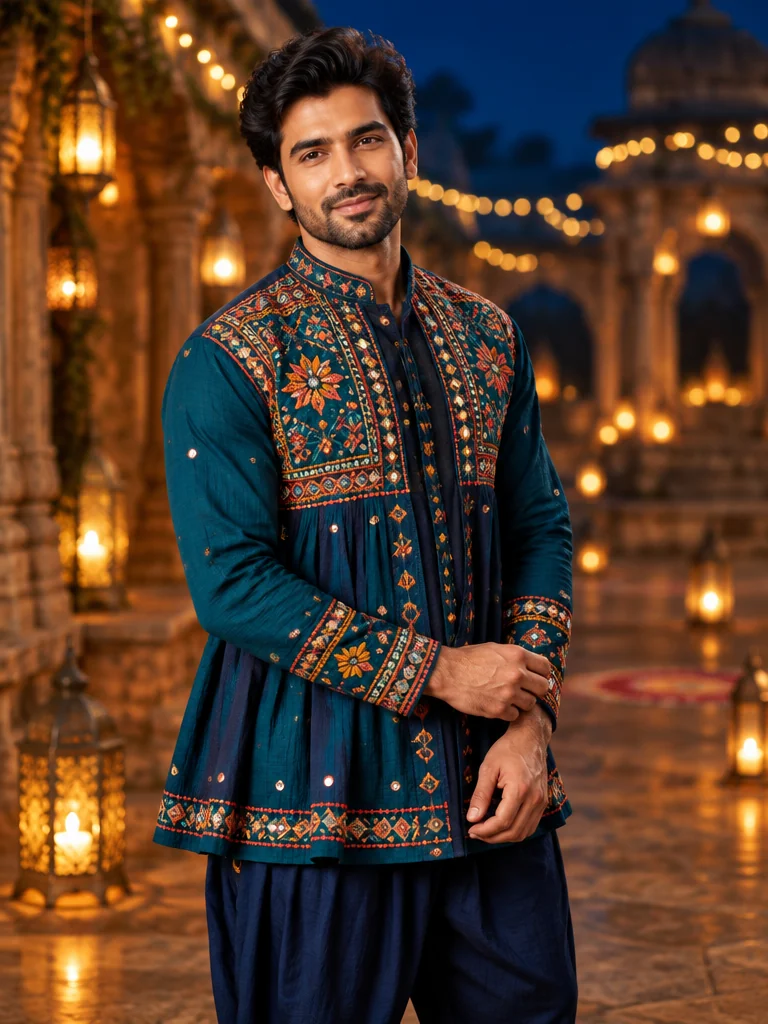 A man in a richly embroidered teal kediyu at a warmly lit garba celebration