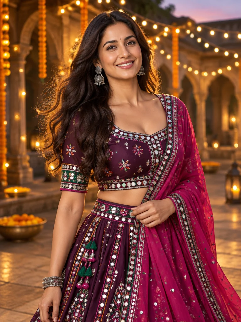 A joyful portrait in a plum and magenta mirror-work lehenga, surrounded by golden courtyard lights